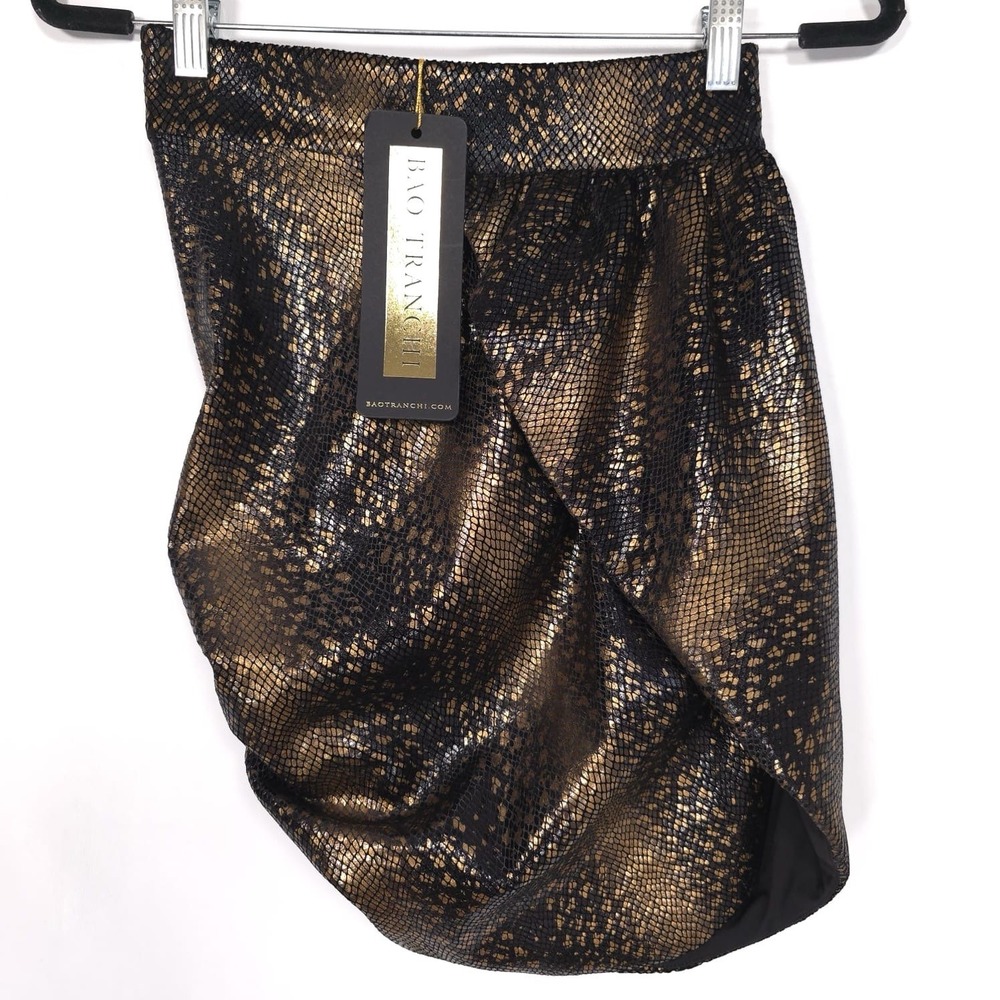NWT BAO‎ TRANCHI Mini Skirt MEDIUM Black Gold Snake Print Draped Wrap USA MADE